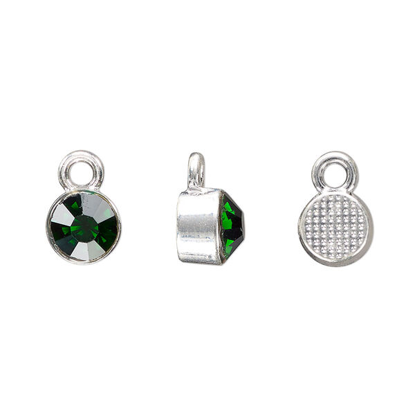 Drop, silver-finished "pewter" (zinc-based alloy) and glass rhinestone, emerald green, 8mm faceted round, May birthstone. Sold per pkg of 4. image number 0