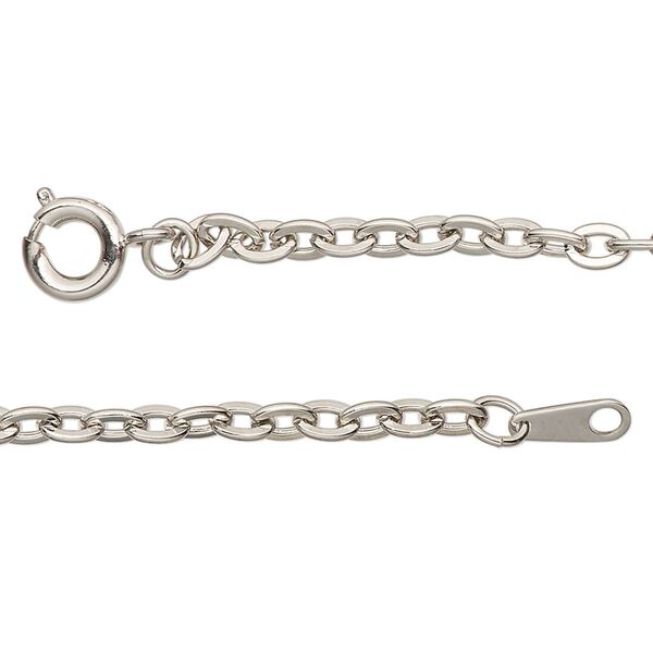 Chain, silver-finished steel, 3mm flat oval cable, 36 inches with springring clasp. Sold individually. image number 0