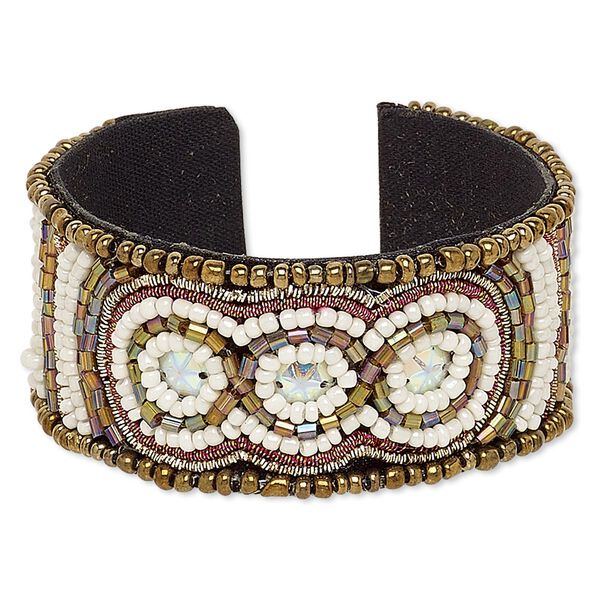 Bracelet, cuff, acrylic / cotton / glass / plastic sequin / steel, iridescent multicolored, 32mm wide with oval and line stripe design, adjustable from 6-1/2 to 7 inches. Sold individually. image number 0
