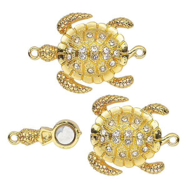 Clasp, magnetic, glass rhinestone and gold-plated "pewter" (zinc-based alloy), clear, 30x25.5mm 3D sea turtle. Sold individually. image number 0