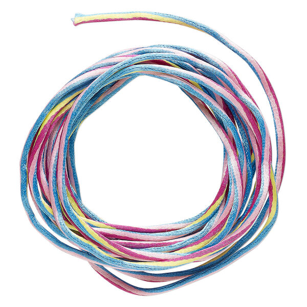 Cord, Satinique™, nylon, blue / pinks / yellow, 2mm regular with vertical stripe. Sold per pkg of 10 feet. image number 0