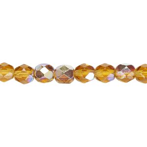 Bead, Czech fire-polished glass, translucent honey AB, 6mm faceted round. Sold per 15-1/2" to 16" strand.