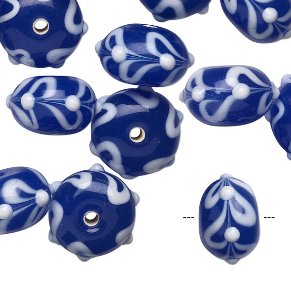 Bead, lampworked glass, translucent blue and white, 13x9mm bumpy rondelle. Sold per pkg of 10. image number 0