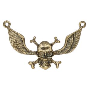 Focal, antique brass-finished "pewter" (zinc-based alloy), 49x22mm skull with crossbones and wings. Sold individually.