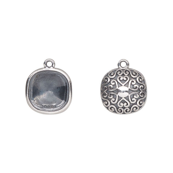 Drop, Almost Instant Jewelry®, antiqued sterling silver, 12mm rounded square with 10mm cushion setting and heart and swirl back design. Sold individually. image number 0