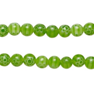 Bead, millefiori glass 1pkg1, translucent white and green, 6mm round, 15 inches.