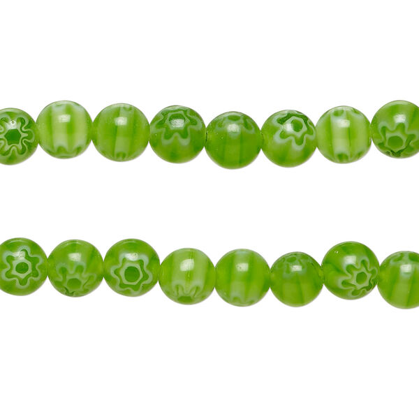Bead, millefiori glass 1pkg1, translucent white and green, 6mm round, 15 inches. image number 0