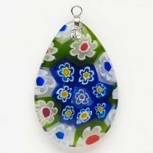 Focal 1pkg1 silver-finished steel and millefiori glass, translucent and transparent green and multicolored, 47x30mm-48x33mm puffed teardrop.
