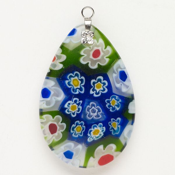 Focal 1pkg1 silver-finished steel and millefiori glass, translucent and transparent green and multicolored, 47x30mm-48x33mm puffed teardrop. image number 0