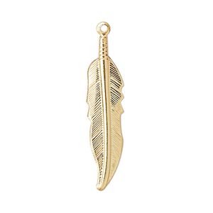 Focal, gold-plated brass, 32x7mm single-sided feather. Sold per pkg of 10.