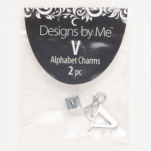 "Pewter" (zinc-based alloy) / brass / enamel 1pkg2, "V" charm / lobster claw clasp / cube bead antique silver-finished / black 15x13mm / 7mm