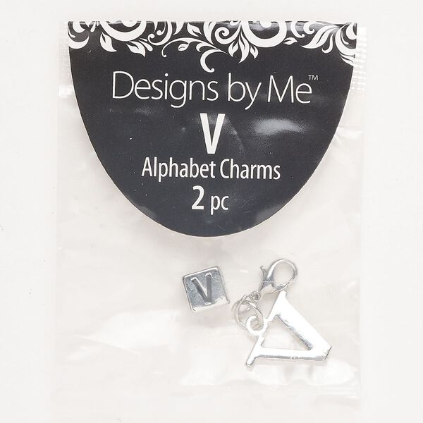 "Pewter" (zinc-based alloy) / brass / enamel 1pkg2, "V" charm / lobster claw clasp / cube bead antique silver-finished / black 15x13mm / 7mm image number 0