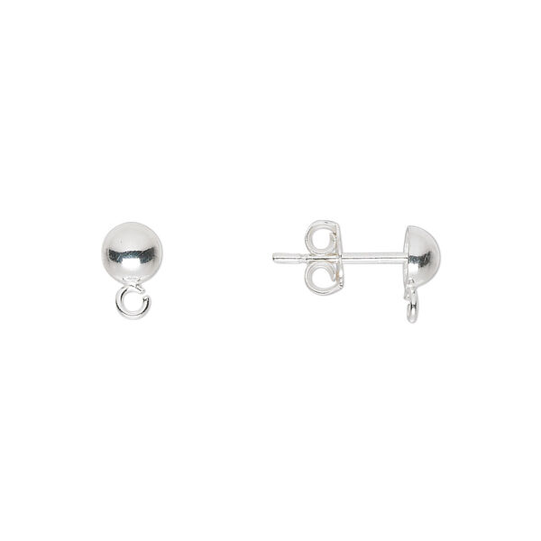 Earstud, sterling silver, 5mm half ball with open loop. Sold per pkg of 5 pairs. image number 0