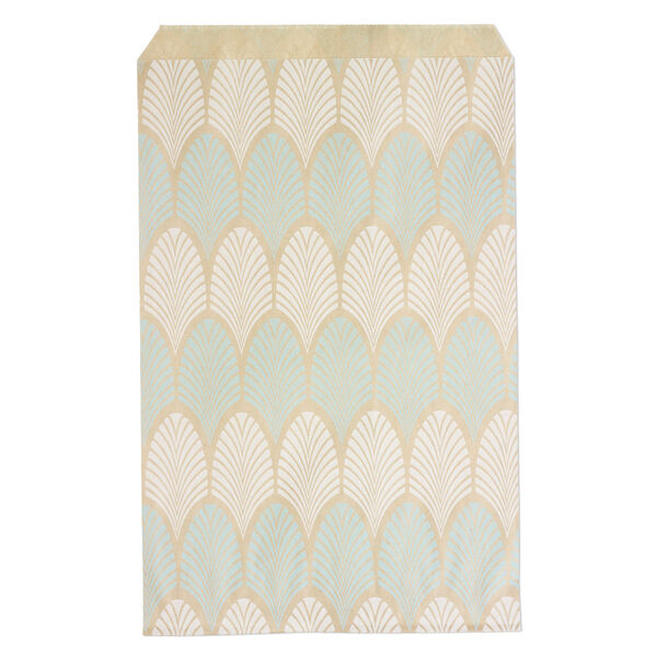 Bag, paper, brown, white and blue, 9x6 inch rectangle with leaf-print and scalloped top edge. Sold per pkg of 100. image number 0