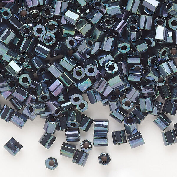 Seed bead, Dyna-Mites™, glass, opaque iris green #6 hex 2-cut. Sold per 40-gram pkg. image number 0