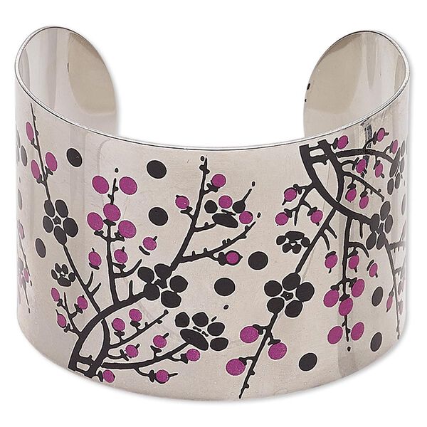 Bracelet, cuff, imitation rhodium-finished carbon steel, black and pink, 46mm wide with cherry blossom design, adjustable from 7-8 inches. Sold individually. image number 0