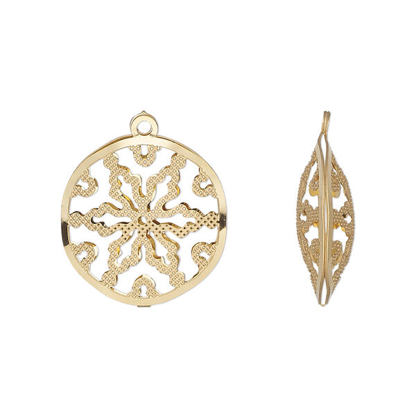 Drop, gold-finished stainless steel, 18mm double-sided domed round with textured cut-out snowflake design. Sold per pkg of 6. image number 0