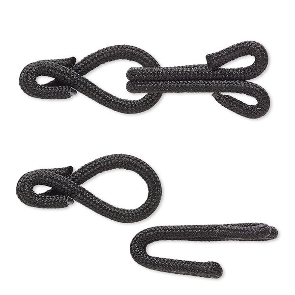 Clasp, hook-and-eye, nylon and "pewter" (zinc-based alloy), black, 32x12mm. Sold Individually. image number 0