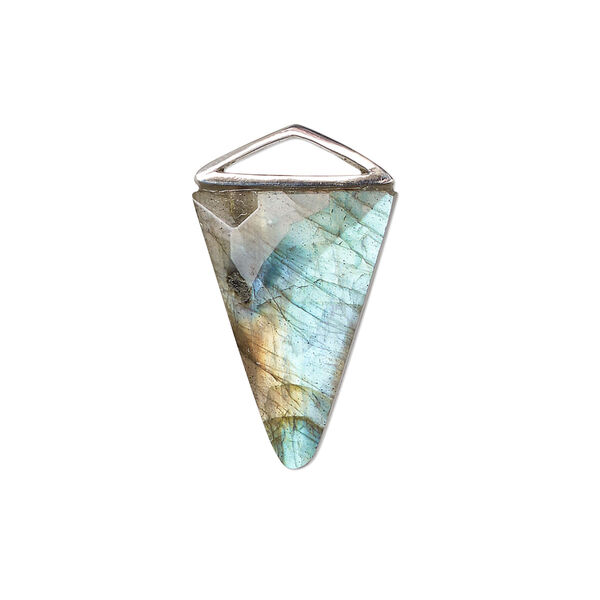 Drop, labradorite (natural) and sterling silver, 21x21x15mm-22x22x16mm hand-cut double-sided faceted triangle. Sold individually. image number 0