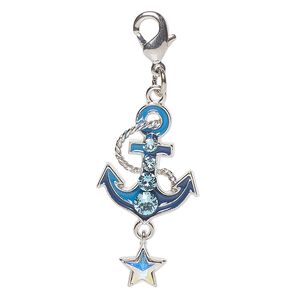 Charm, "pewter" (zinc-based alloy) / steel /enamel, pkg/1, 26x15mm anchor with lobster claw clasp, silver finish and mixed colors.