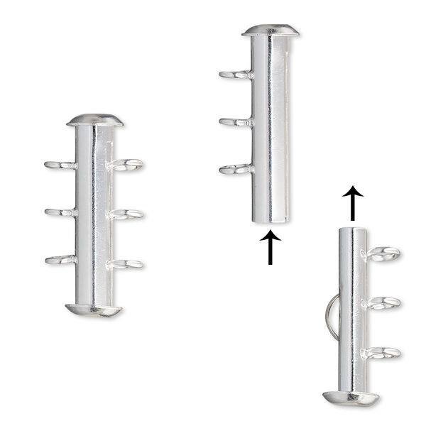 Clasp, 3-strand slide lock, silver-plated brass, 21x6mm round tube. Sold per pkg of 4. image number 0