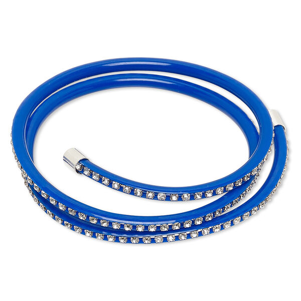 Bracelet, wrap, PVC plastic / glass rhinestone / silver-finished brass, dark blue and clear, 4mm wide with cupchain, adjustable from 7-9 inches. Sold individually. image number 0