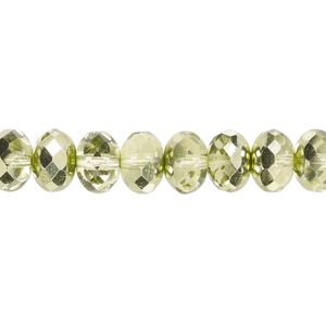 Bead, Czech fire-polished glass, transparent metallic green, 9x5mm faceted rondelle. Sold per 15-1/2" to 16" strand.