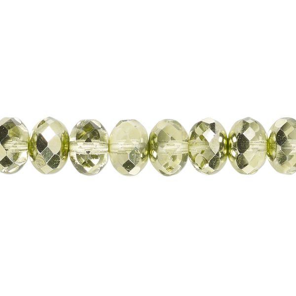 Bead, Czech fire-polished glass, transparent metallic green, 9x5mm faceted rondelle. Sold per 15-1/2" to 16" strand. image number 0