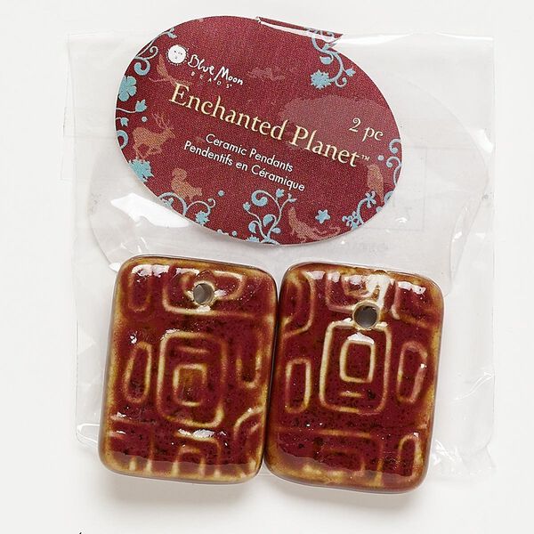 Focal, porcelain, red, 34x25mm textured rectangle. Pkg/2. image number 0