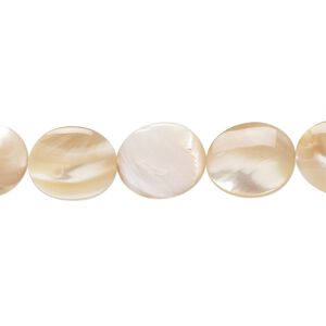 Bead, mother-of-pearl shell (natural), 12x10mm flat oval, Mohs hardness 3-1/2. Sold per 15-1/2" to 16" strand.