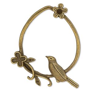 Focal, antique brass-plated "pewter" (zinc-based alloy), 48x40mm single-sided open teardrop with cutout bird and flower design. Sold per pkg of 2.
