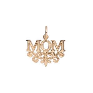 Charm, 14Kt gold, 18x14mm single-sided "MOM" with filigree base. Sold individually.