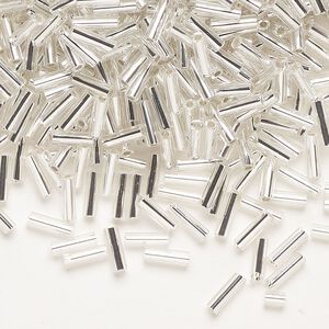 Bugle bead, Dyna-Mites™, glass, silver-lined translucent clear, #3. Sold per 35-gram pkg.