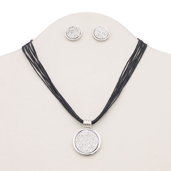 Necklace and earring set, 8-strand, druzy (imitation) / waxed cotton cord / silver-plated brass / steel / "pewter" (zinc-based alloy), silver and black, 30mm round, 16 inches with 3-inch extender chain and lobster claw clasp, 19mm round with post. Sold per set. image number 0