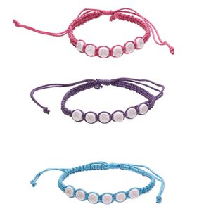 Bracelet, nylon / waxed cotton cord / acrylic, pink / purple / light blue, 8mm wide with 7.5mm flat round, adjustable from 6 to 7-1/2 inches with macramé knot closure. Sold per pkg of 3.