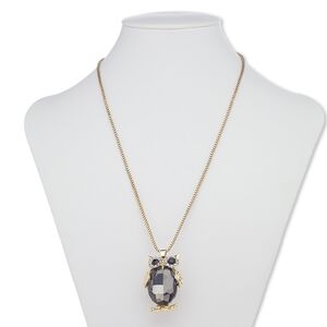 Necklace, glass rhinestone / glass / gold-finished steel / "pewter" (zinc-based alloy), grey / black / clear, 40x28mm owl, 28 inches with 3-inch extender chain and lobster claw clasp. Sold individually.