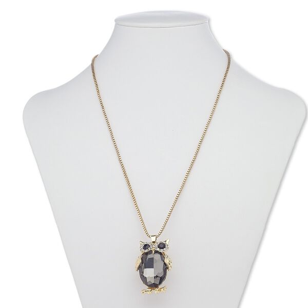 Necklace, glass rhinestone / glass / gold-finished steel / "pewter" (zinc-based alloy), grey / black / clear, 40x28mm owl, 28 inches with 3-inch extender chain and lobster claw clasp. Sold individually. image number 0