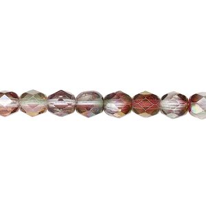 Bead, Czech fire-polished glass, translucent to transparent pink and green luster, 6mm faceted round. Sold per 15-1/2" to 16" strand.