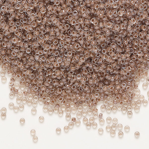 Seed bead, Miyuki, glass, pkg/35g, #15 rocaille, translucent cocoa-lined clear luster (RR-224). image number 0