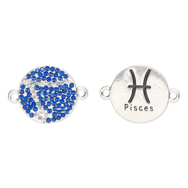 Link, "pewter" (zinc-based alloy)/enamel/cubic zirconia, pkg/1, antique silver finish and mixed colors, 20mm round 2-sided with "Pieces" and  zodiac symbol. image number 0