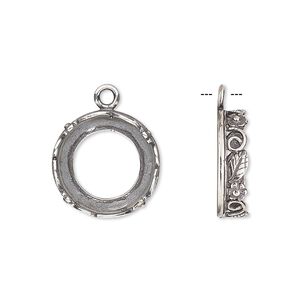 Drop, JBB Findings, antique silver-plated brass, 16mm round with open back and flower and leaf design trim, 14mm round bezel setting. Sold per pkg of 2.