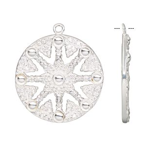 Drop, sterling silver and cubic zirconia, clear, 27mm single-sided textured round with fancy design. Sold individually.