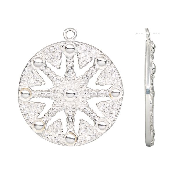 Drop, sterling silver and cubic zirconia, clear, 27mm single-sided textured round with fancy design. Sold individually. image number 0