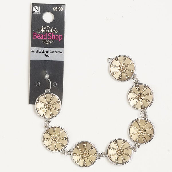 Link 1pkg7, antique silver-finished brass and steel / acrylic, topaz, 20mm frosted round with star. image number 0