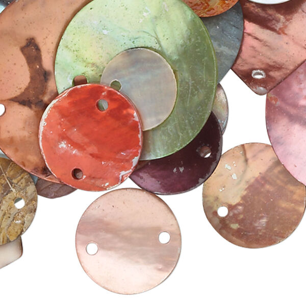 Component mix, Chinese mussel shell (natural / bleached / dyed / coated), mixed colors, 10x10mm-36x34mm flat round / flat diamond / flat rectangle. Sold per 1-ounce pkg, approximately 70 components. image number 0