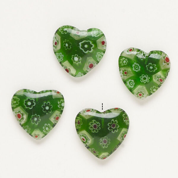 Bead, millefiori glass, translucent green / red / white, 18-20mm half-drilled puffed heart. Sold per pkg of 4. image number 0