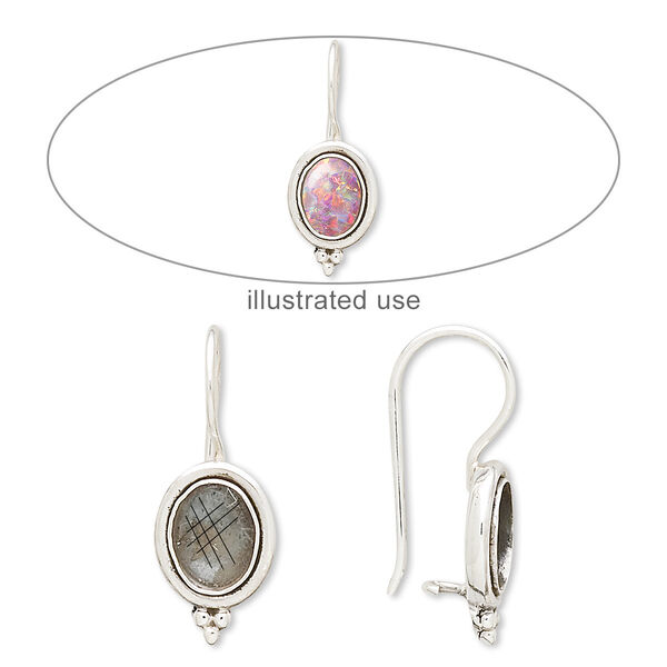 Ear wire, antiqued sterling silver, 24.5mm fishhook with 12x10mm oval and 8x6mm oval bezel setting with safety. Sold per pair. image number 0