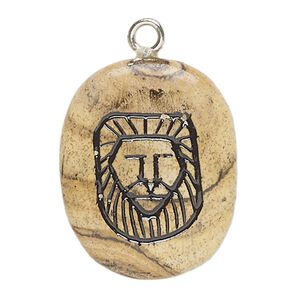 Focal, picture jasper (natural) / enamel / silver-finished steel, opaque black, 26x23mm-38x30mm puffed freeform with lion head, B grade, Mohs hardness 6-1/2 to 7. Sold individually.