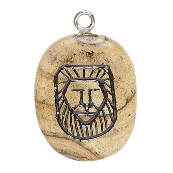 Focal, picture jasper (natural) / enamel / silver-finished steel, opaque black, 26x23mm-38x30mm puffed freeform with lion head, B grade, Mohs hardness 6-1/2 to 7. Sold individually. image number 0