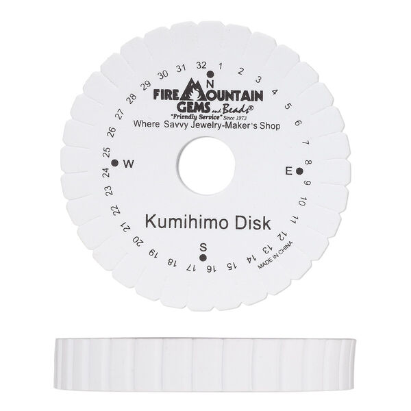 Kumihimo disk, EVA foam, white and black, 4-1/4 inch single-sided round with 1-inch hole and 32 slots, 3/4 inch thick. Sold individually. image number 0